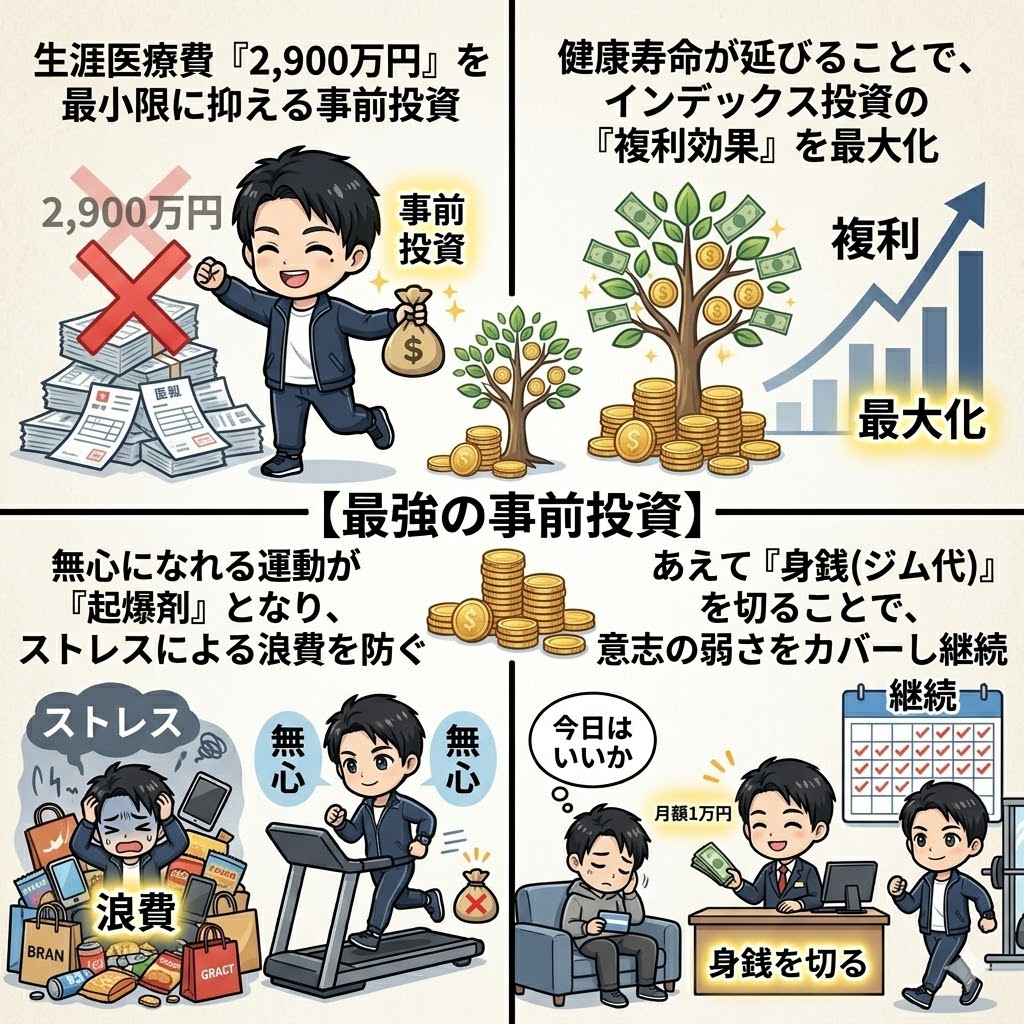 運動が資産形成にもたらす4つのメリットをまとめた図解。左上は「生涯医療費2,900万円を最小限に抑える事前投資」、右上は「健康寿命が延びることでインデックス投資の複利効果を最大化」、左下は「無心になれる運動が起爆剤となりストレスによる浪費を防ぐ」、右下は「あえて身銭（ジム代）を切ることで意志の弱さをカバーし継続」という内容が、イラストとともに描かれている。