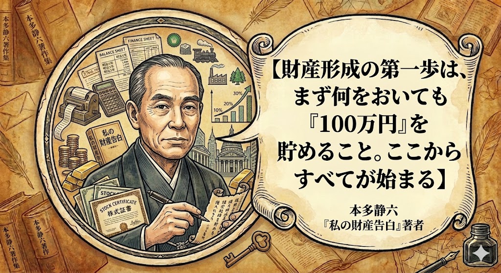 日本の大富豪・本多静六のイラストと、「財産形成の第一歩は、まず何をおいても『100万円』を貯めること。ここからすべてが始まる」という名言が書かれた画像。