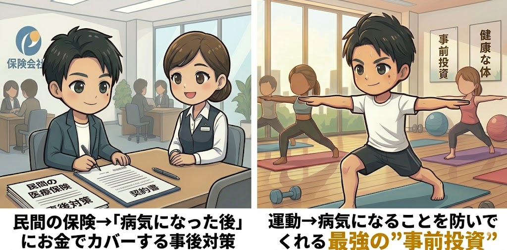 左右に分割された対比イラスト。左側は男性が保険会社の窓口で説明を受けている様子で、下部に「民間の保険→『病気になった後』にお金でカバーする事後対策」というテキストがある。右側は同じ男性がジムでヨガのポーズ（運動）をしている様子で、下部に「運動→病気になることを防いでくれる最強の”事前投資”」というテキストがある。