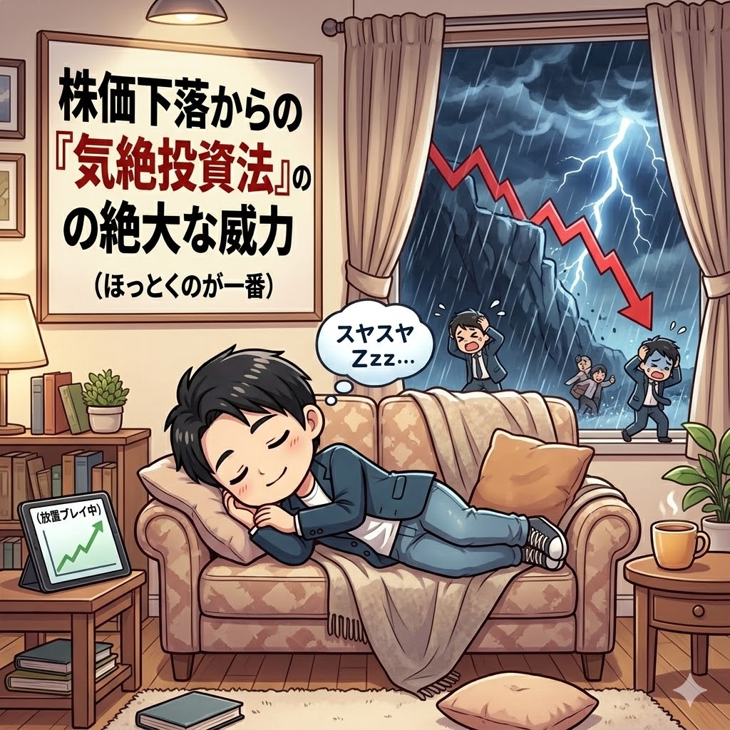 部屋のソファでスヤスヤと平和に眠る男性のイラスト。壁には「株価下落からの『気絶投資法』の絶大な威力（ほっとくのが一番）」というポスターが掲示されている。窓の外では大嵐と雷の中、赤い暴落チャートが急降下し人々がパニックになっているが、男性は全く動じずに放置（気絶）しているユーモラスな対比が描かれている。