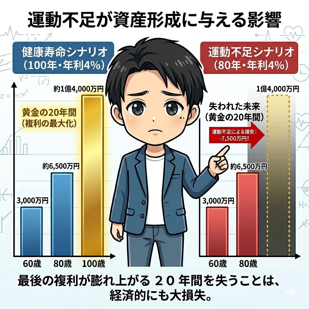 運動不足が資産形成に与える影響のシミュレーション画像。左側は「健康寿命シナリオ」で、100歳までの黄金の20年間で複利が最大化し約1億4,000万円になるグラフ。右側は「運動不足シナリオ」で80歳で寿命を迎えたため約6,500万円にとどまり、約7,500万円の損失が生じることを示している。中央には悲しい表情で失われた未来を指差す男性が描かれている。