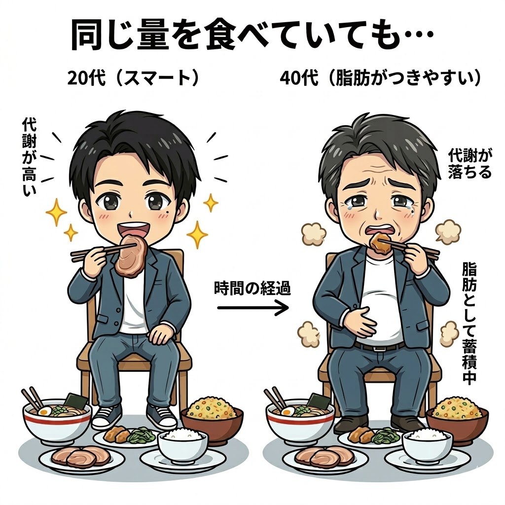 20代と40代の代謝の違いを比較したイラスト。同じ量の食事をとっていても、20代は代謝が高いためスマートな体型を維持しているが、40代は代謝が落ちているため、お腹周りに脂肪として蓄積されている様子が描かれている。
