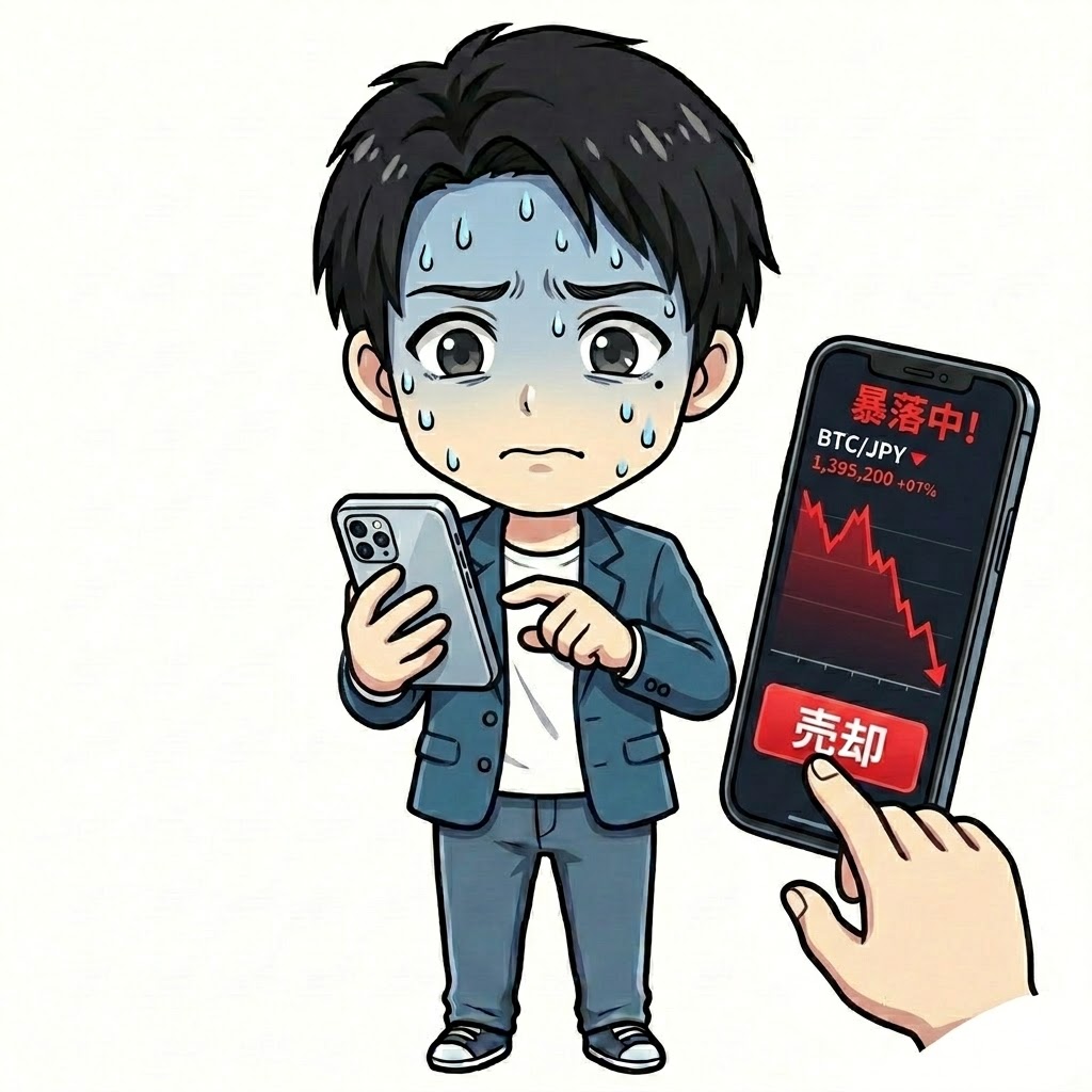 スマホの真っ赤な下落チャート（暴落中！）を見て青ざめ、冷や汗を流しながら、今まさに「売却」ボタンを押して損切りしようと迷っている初心者の心理を描いたイラスト。