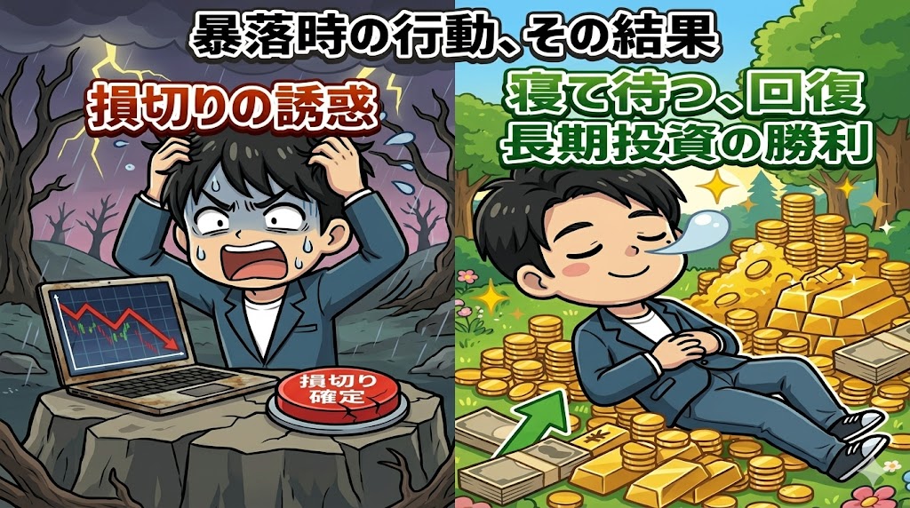 株価暴落時にパニックになって損切りボタンを押そうとする男性と、相場を放置して寝て待ち、長期投資で資産（お金の山）を増やす男性の対比を描いたイラスト。「暴落時の行動、その結果」「損切りの誘惑」「寝て待つ、回復 長期投資の勝利」というテキストが含まれている。