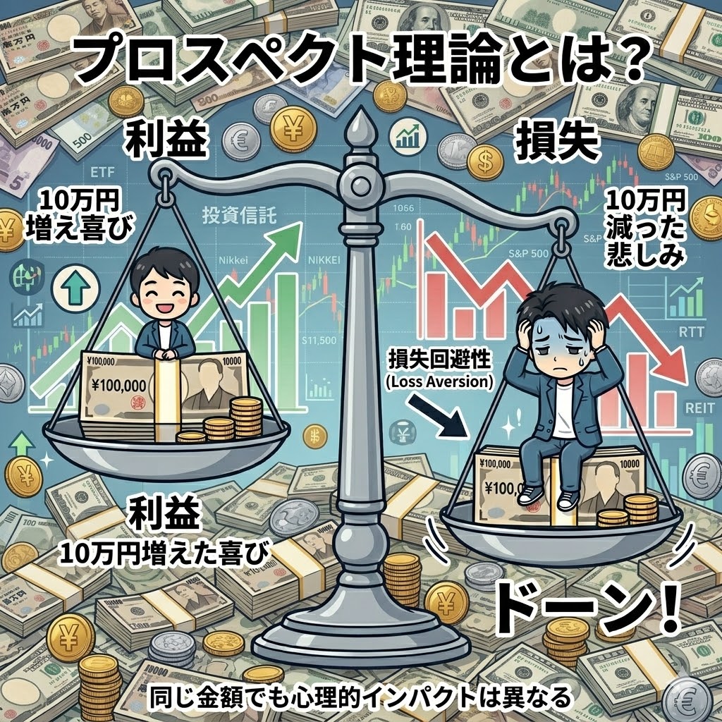 行動経済学の「プロスペクト理論（損失回避性）」を解説した天秤のイラスト。左側には「10万円増えた喜び」で笑顔の男性が軽く乗っているのに対し、右側には「10万円減った悲しみ」で頭を抱える男性が『ドーン！』と重く沈み込んでおり、同じ金額でも損失による心理的インパクトの方が大きいことを視覚的に表している。