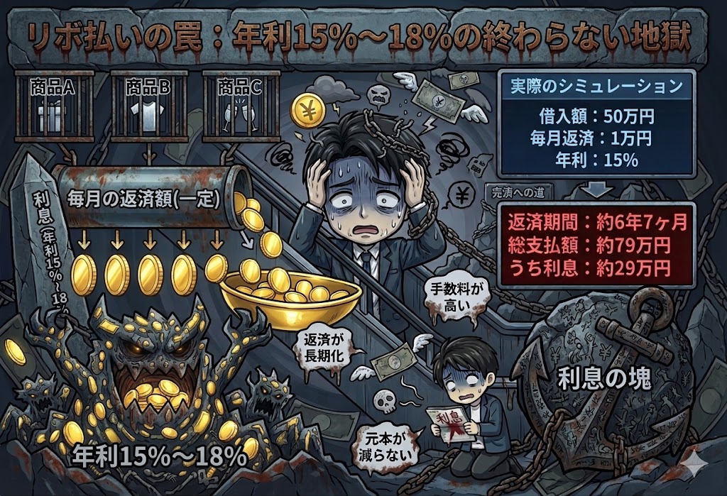 リボ払いの仕組みと終わらない返済地獄に苦しむ男性のイラスト