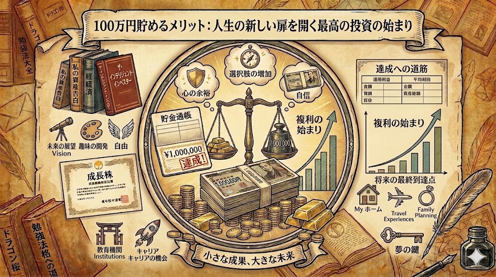 「100万円貯めるメリット：人生の新しい扉を開く最高の投資の始まり」という見出しが書かれた、アンティーク調の図解イラスト。中央には100万円の札束や通帳と天秤が描かれ、「心の余裕」「選択肢の増加」「自信」というメリットが示されています。周囲には複利のグラフ、マイホームや旅行などの将来の夢、投資やキャリアアップを示すアイコンが散りばめられており、100万円達成が豊かな未来へ繋がることを表現しています。