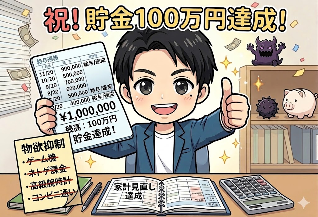 「家計簿」を見直し、「物欲」を抑えた先の貯金100万円達成して喜ぶ姿になります。