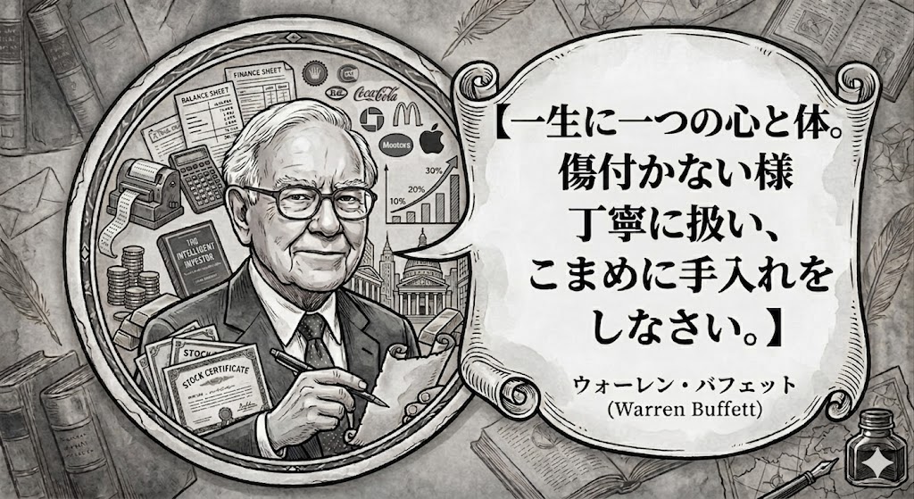 白黒のイラスト。ウォーレン・バフェットのイラストと、日本語テキストの吹き出し。「一生に一つの心と体しか持てないのです」「傷付かない様丁寧に扱い、こまめに手入れをしなさい。」という名言がモノクロで描かれている。