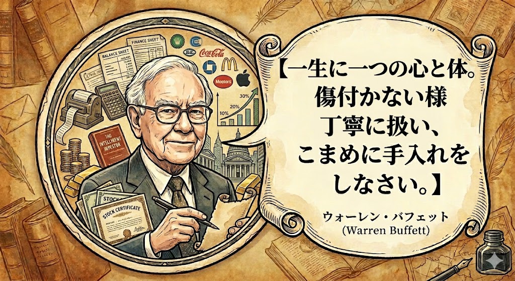 ウォーレン・バフェットのイラスト。「一生に一つの心と体。傷付かない様丁寧に扱い、こまめに手入れをしなさい。」という名言が吹き出しで書かれている。背景には株券やバランスシートなど投資に関連するアイテムが描かれている。