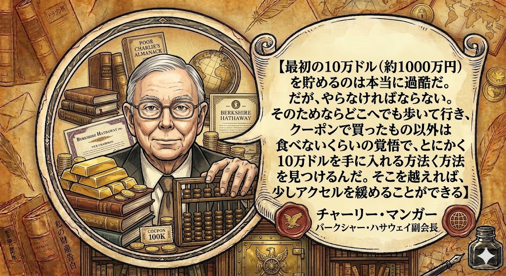 チャーリー・マンガー氏のイラストと、「最初の10万ドル(約1000万円)を貯めるのは本当に過酷だ。だが、やらなければならない。」から始まる、投資の心構えを説いた名言の吹き出し。