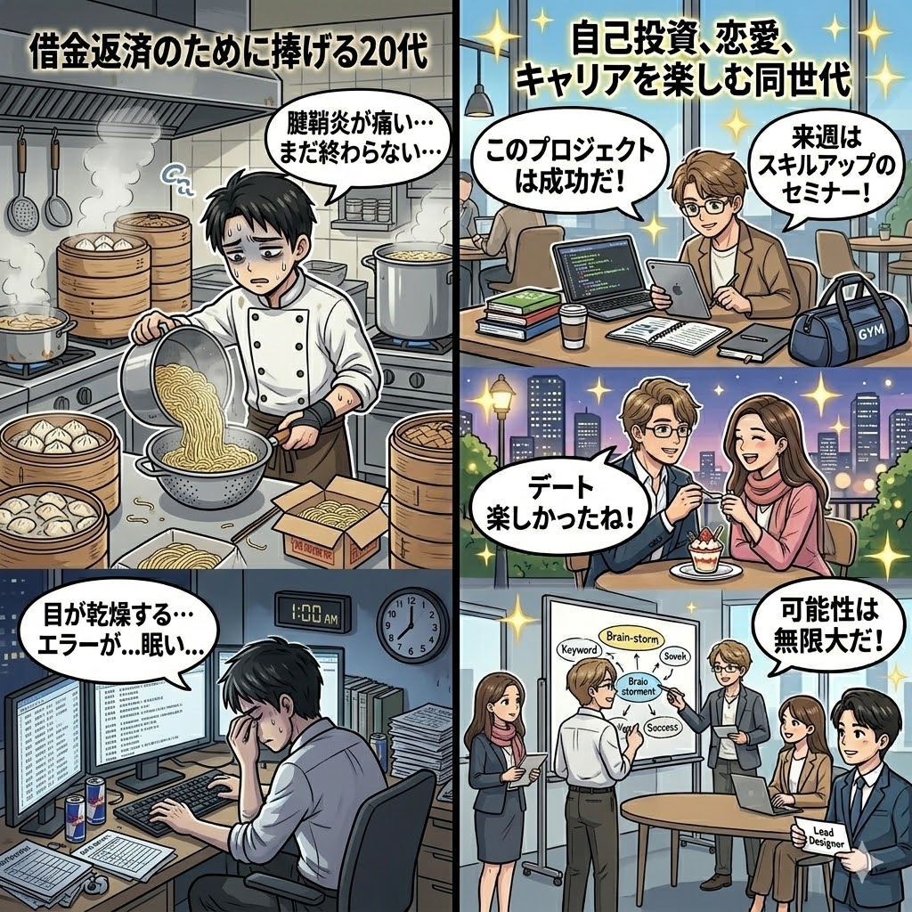 借金返済のために昼夜ダブルワークで疲弊する自分と、恋愛やキャリア構築をして輝く同世代を比較した絶望感を表すイラスト