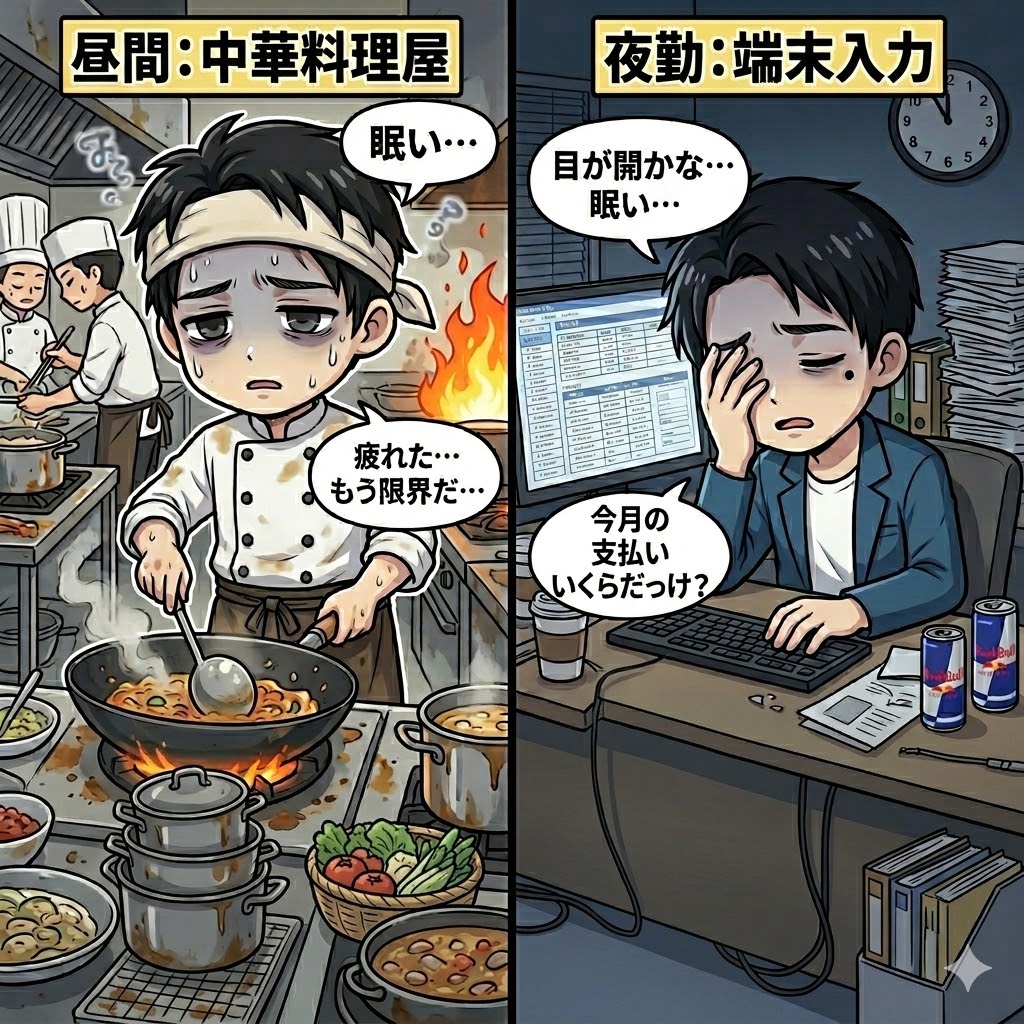 昼間は中華料理屋、夜はデータ入力のダブルワークで心身ともに疲労困憊し、リボ払いの支払いに追われる男性のイラスト