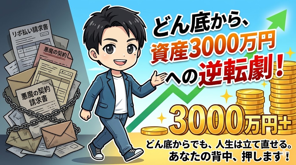 リボ払いの借金地獄（過去）から、資産3000万円突破の明るい未来へ向かって、鎖を断ち切って力強く一歩を踏み出す男性（たけ）の決意のイラスト