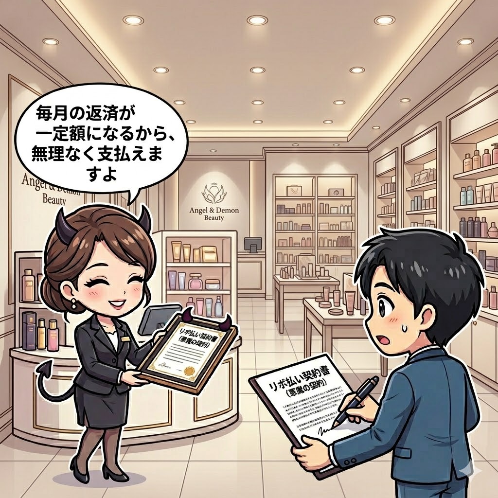美容サロンで「毎月の返済が一定額になる」と甘い言葉でリボ払い（悪魔の契約）を勧められている男性のイラスト