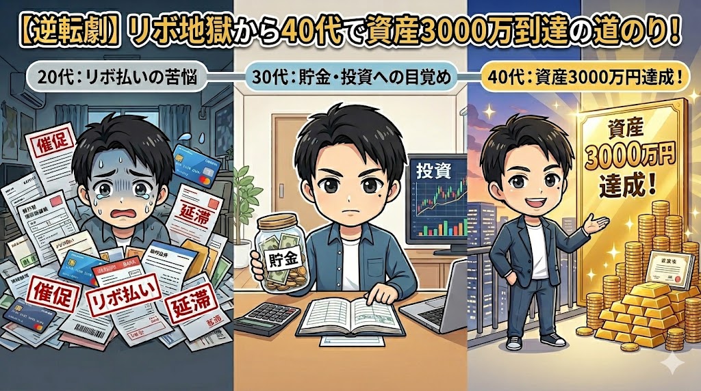 リボ払いの借金地獄から脱出し、資産3000万円突破の明るい自由な未来へ向かうアイキャッチイラスト