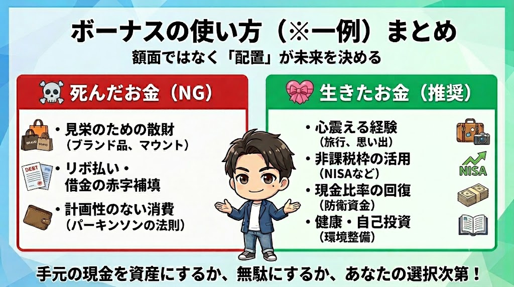 「ボーナスの使い方まとめ」のインフォグラフィック。「死んだお金（NG）」として見栄のための散財や借金補填、「生きたお金（推奨）」として心震える経験や自己投資・NISAへの配置などを分かりやすく比較している。