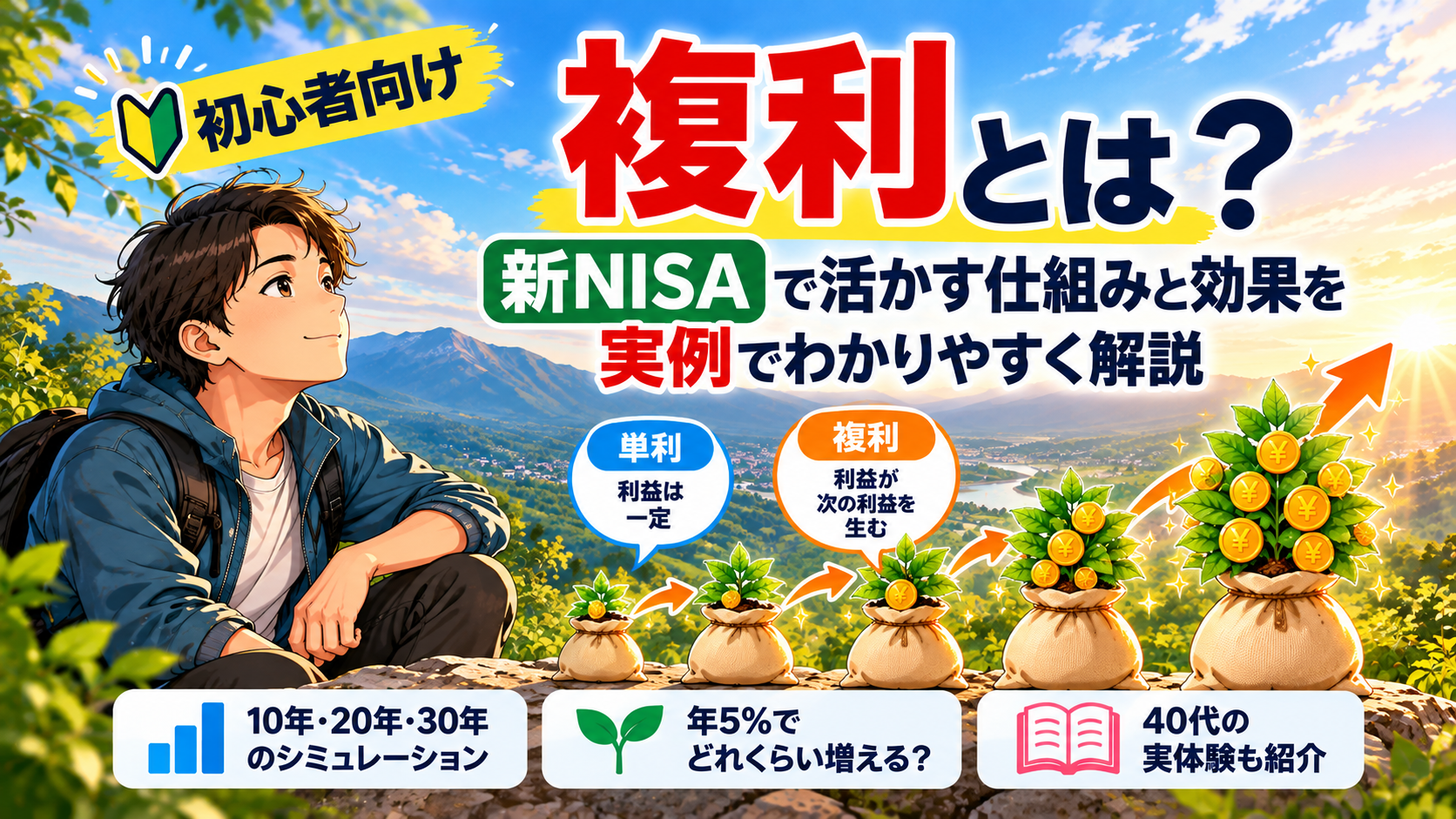 初心者向けに複利の仕組みと新NISAでの活かし方を解説するアイキャッチ画像
