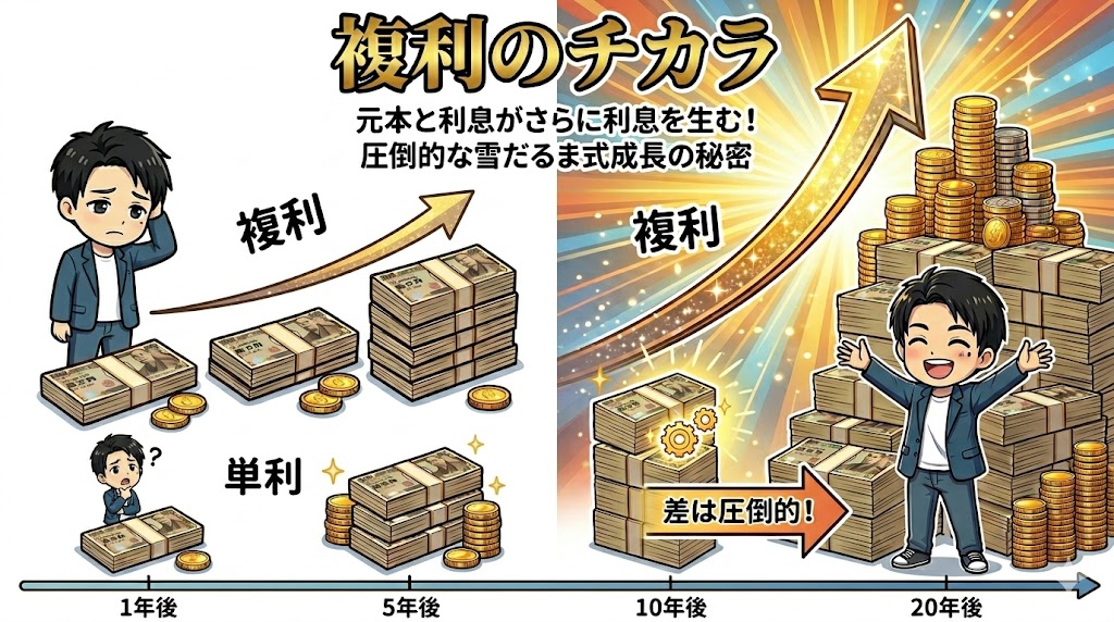 【完全図解】雪だるま式にお金が増える！投資における「複利」の威力と凄さのアイキャッチ画像。単利と複利による20年後の圧倒的な資産の差と、元本がさらに利息を生む雪だるま式成長の秘密を図解したイラスト。