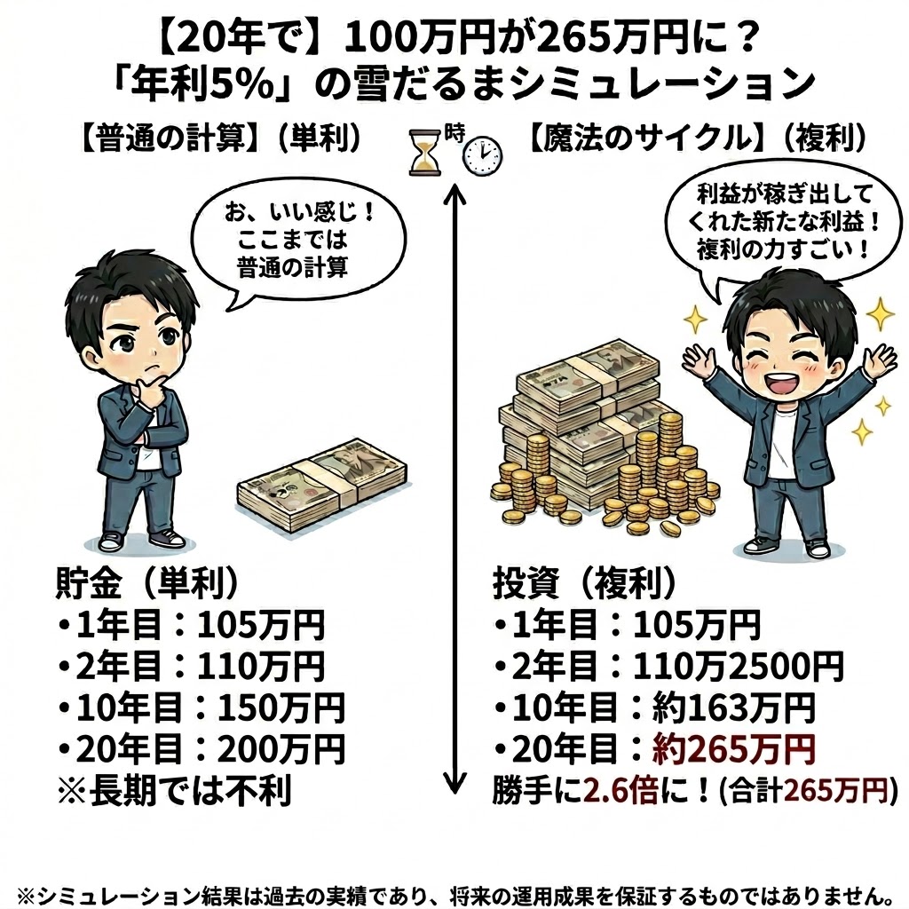 100万円を年利5%で運用した際の単利と複利の比較シミュレーション図。単利では20年後に200万円になるのに対し、複利の「魔法のサイクル」では約265万円(2.6倍)に増えることを解説するイラスト。
