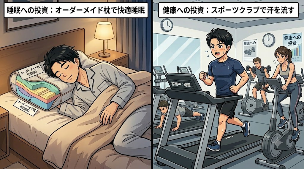 左側は「オーダーメイド枕」で快適に眠る男性、右側はスポーツクラブのランニングマシンで汗を流す男性が描かれた、「健康と睡眠への自己投資」を表す2コマのイラスト。