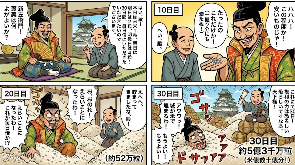 豊臣秀吉と曽呂利新左衛門の米粒エピソードを描いた4コマ漫画。1日1粒から毎日倍になる複利の計算で、30日後には約5億3千万粒(米俵数十俵分)となり、城が米で埋め尽くされる様子をコミカルに表現しています。