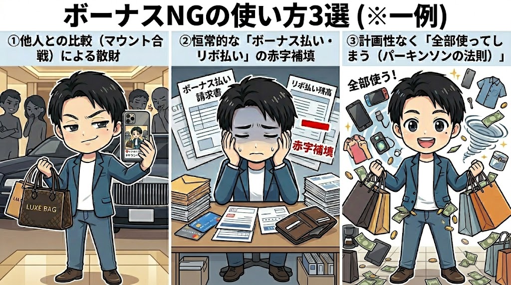 「ボーナスNGの使い方3選（※一例）」と題した3パネルのインフォグラフィック。左パネルは「他人との比較（マウント合戦）による散財」として自信満々の男性が高級品をSNSで自慢する様子。中央パネルは「恒常的な「ボーナス払い・リボ払い」の赤字補填」としてストレスを抱える男性が請求書や借金資料に囲まれる様子。右パネルは「計画性なく「全部使ってしまう（パーキンソンの法則）」」として「全部使う！」と叫びながら多くの買い物袋を持つ男性。すべてのパネルに同じ chibi-style の男性キャラクターが登場している。