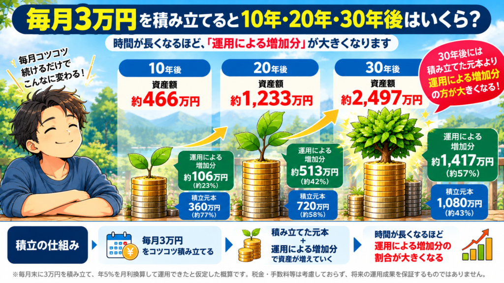 毎月3万円を年5％で積み立てた場合の10年・20年・30年後の資産額と運用による増加分