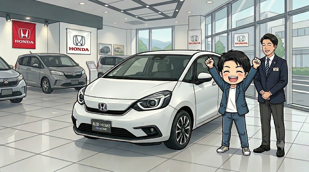 ホンダのカーディーラーで、新車の白いコンパクトカーを前に両手を挙げて満面の笑みで喜ぶ男性のイラスト。隣には笑顔の営業スタッフが立っている。