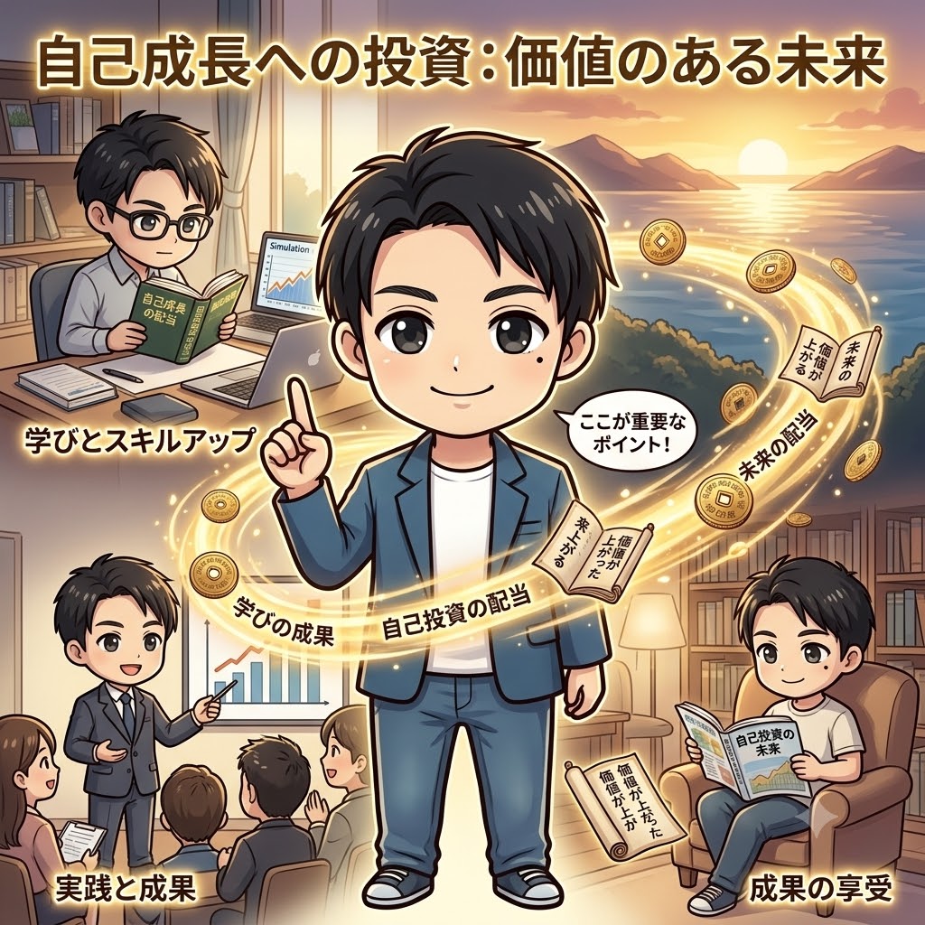 「自己成長への投資：価値のある未来」と題されたイラスト。中央の男性の周りに、学びとスキルアップ、実践と成果、成果の享受といった自己投資のポジティブなサイクルが描かれている。