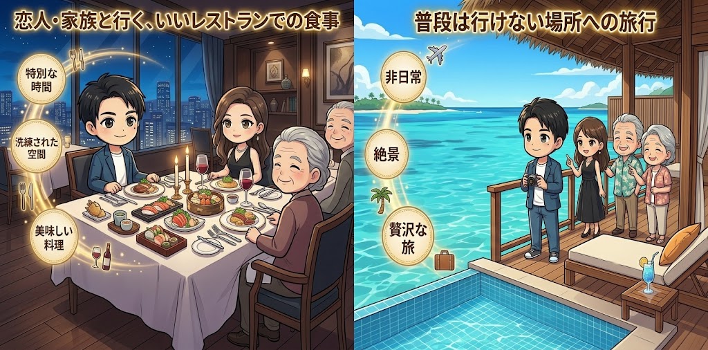 大切な人との共有体験を表す2コマのイラスト。左側は夜景の見える高級レストランで家族と食事を楽しむ様子、右側は南国の水上リゾートへ家族旅行に行き絶景を楽しむ様子が描かれている。