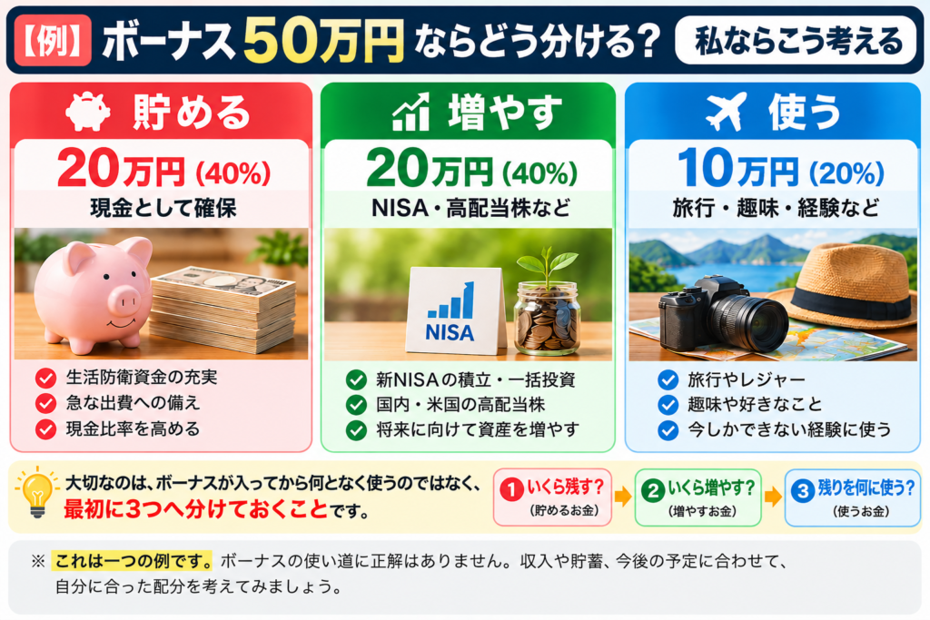 ボーナス50万円を「貯める20万円・増やす20万円・使う10万円」に分ける一例