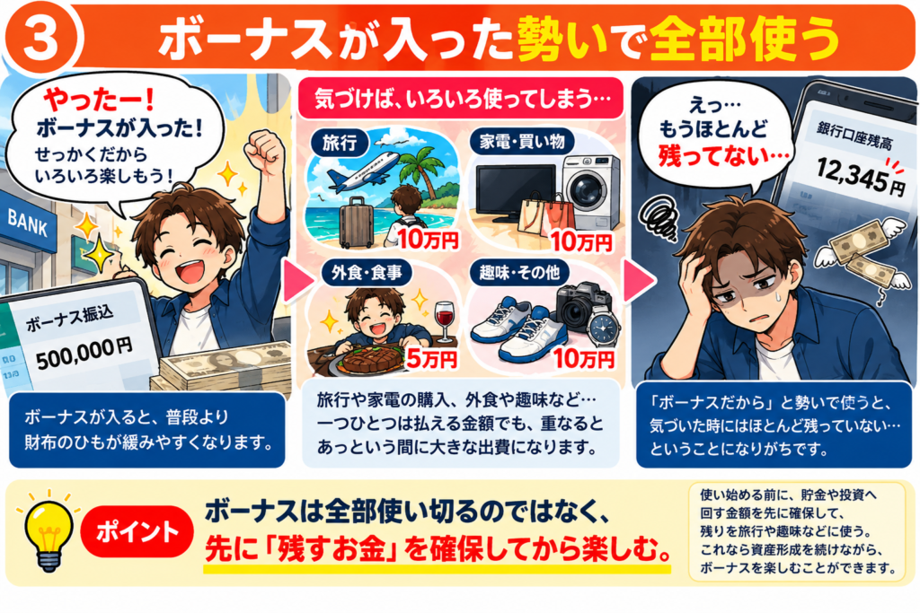 ボーナスが入った勢いで全部使わず、先に残すお金を確保してから楽しむ使い方