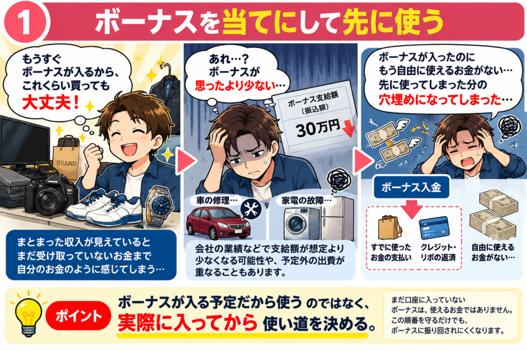 ボーナスを当てにして先に使わず、実際に入金されてから使い道を決める考え方