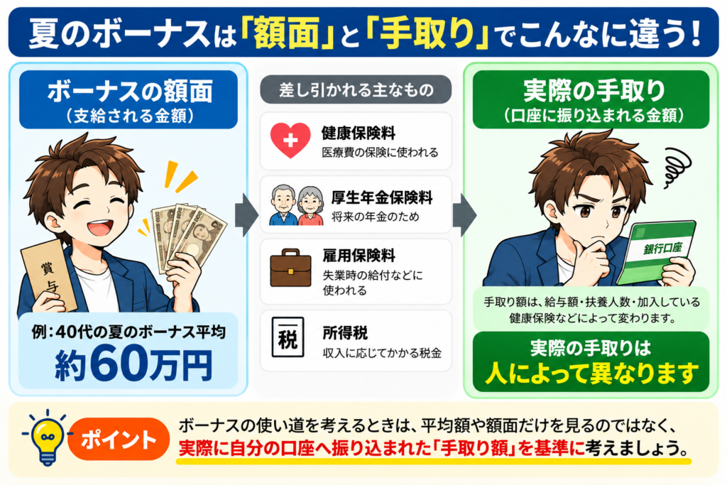 夏のボーナスの額面と手取りの違い｜40代の平均約60万円から税金・社会保険料が差し引かれる仕組み