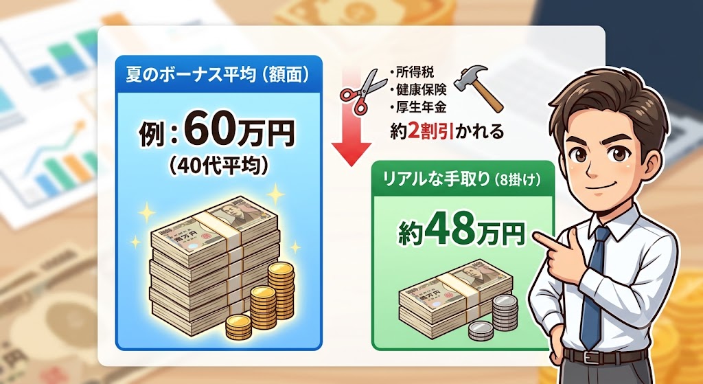 夏のボーナス（額面）60万円（40代平均例）から所得税や社会保険料が約2割引かれ、リアルな手取り（8掛け）が約48万円になる様子を説明するイラスト。スーツの男性が手取り額を指差している。