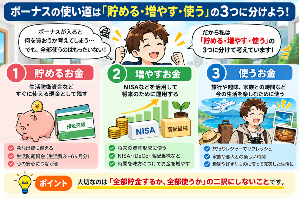 夏のボーナスの使い道を「貯める・増やす・使う」の3つに分ける考え方