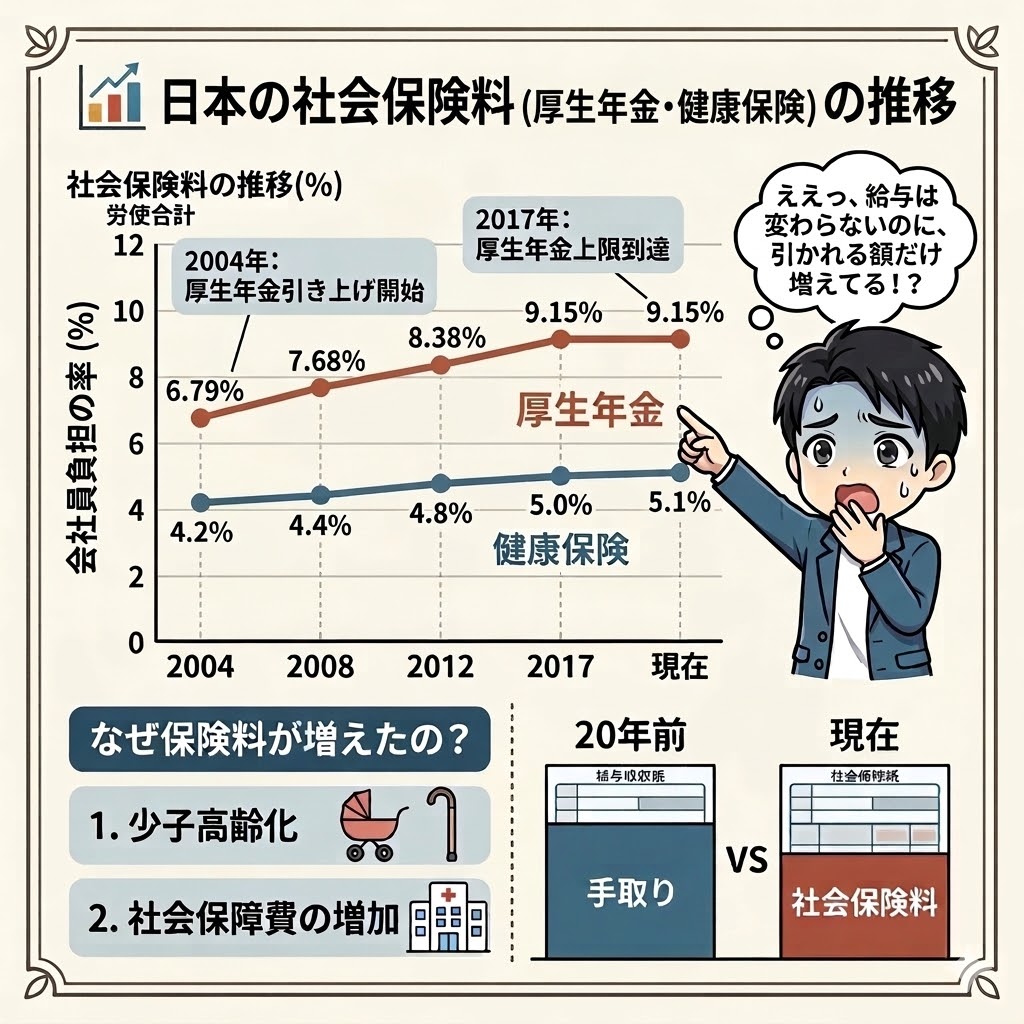 過去20年間で引き上げられ続けている日本の社会保険料（厚生年金・健康保険）の推移と、手取り減少の要因をまとめた図解