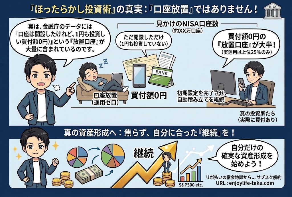 NISA口座の落とし穴を図解。口座を開設しただけで1円も投資していない「放置口座」が大半を占める現実と、初期設定を済ませて自動積み立てを継続している「真の投資家」の違いを比較し、資産形成における継続の重要性を解説しています。
