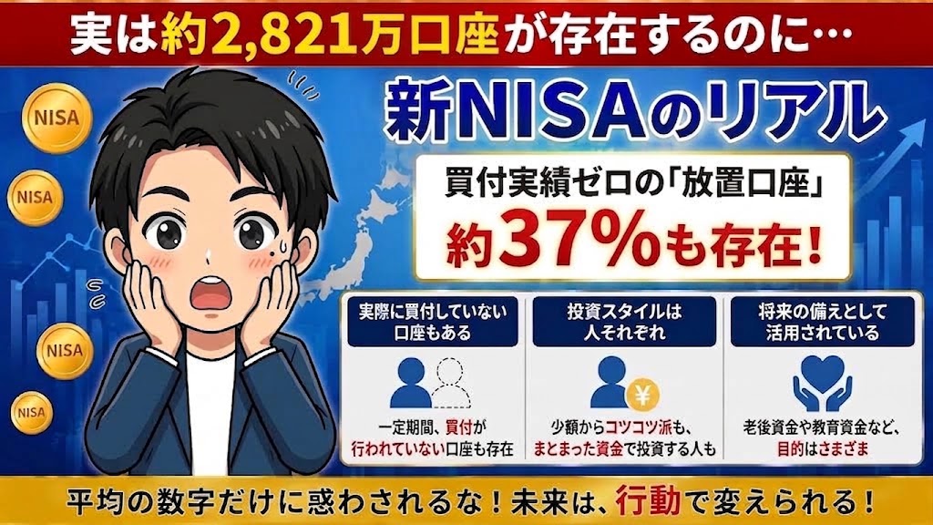 「新NISAのリアル」というタイトルのインフォグラフィックです。左側には驚いて両手を頬に当てている若い男性のイラストが描かれています。上部のテキストには「実は約2,821万口座が存在するのに…」、その下には「買付実績ゼロの『放置口座』約37％も存在！」と大きく強調して書かれています。