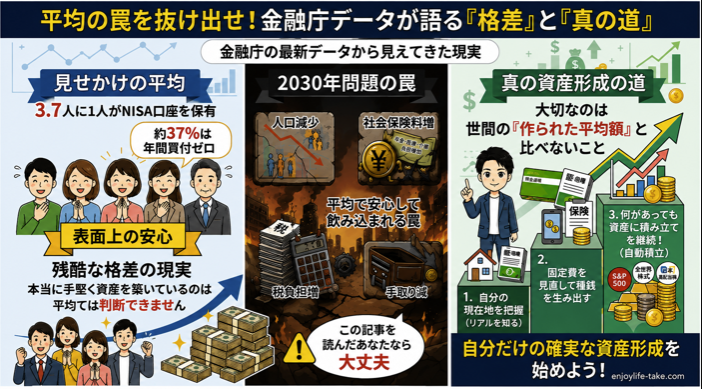 金融庁の最新データをもとに、NISAの表面的な平均と2030年問題を踏まえた資産形成の考え方を3つのパネルで解説した図解。NISA口座の約37％が年間買付ゼロであることを示し、固定費の見直しと自動積立による資産形成を紹介。