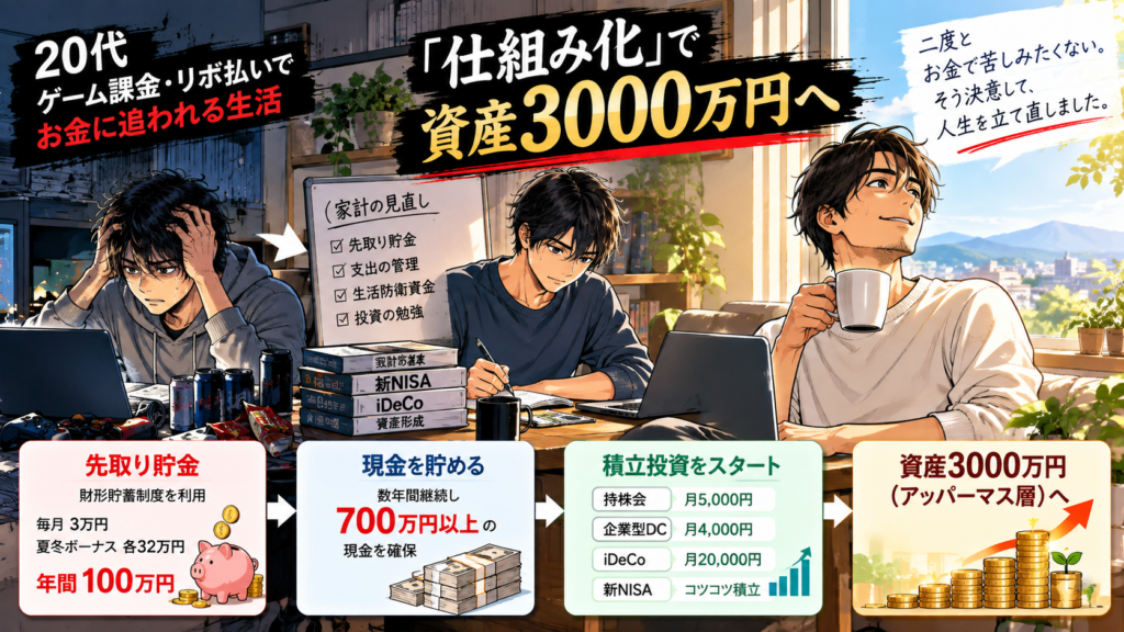先取り貯金で700万円以上を貯め、40代から積立投資を始めて資産3000万円を築いた流れ