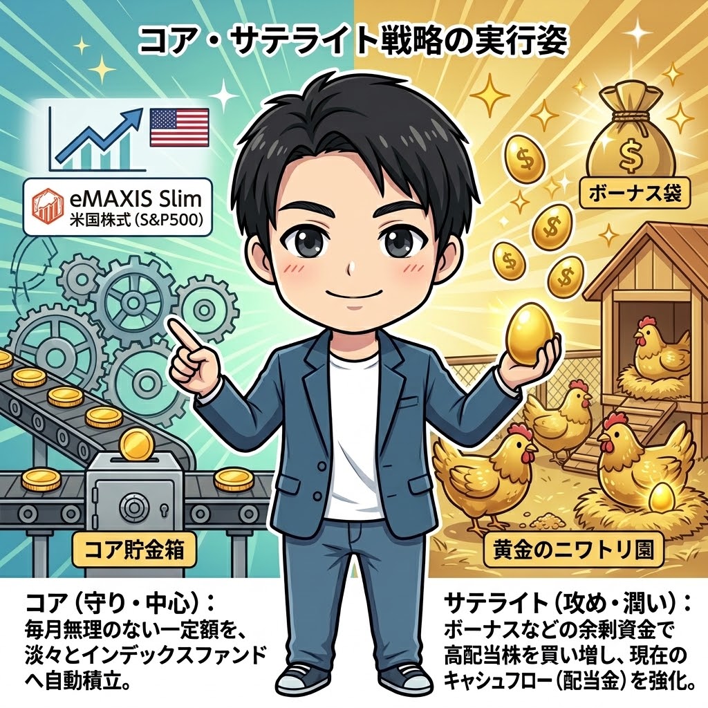 「コア・サテライト戦略の実行姿」というタイトルの図解イラスト。中央に笑顔の男性キャラクターが立っている。左側は「コア（守り・中心）」として、歯車の機械と「eMAXIS Slim 米国株式 (S&P500)」のロゴがあり、毎月一定額を自動積立する「コア貯金箱」が描かれている。右側は「サテライト（攻め・潤い）」として、「ボーナス袋」から資金が投じられる「黄金のニワトリ園」があり、高配当株に見立てたニワトリたちが金の卵を産んでおり、男性がその金の卵を一つ手に持っている。余剰資金で現在のキャッシュフローを強化する戦略が説明されている。