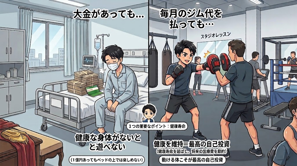 病室で大金を持ちながらも元気がない男性と、ジム費用を払って活発にボクシングを楽しむ男性の対比イラスト。「健康な身体がないと遊べない」「健康維持こそ最高の自己投資」というメッセージが描かれています。