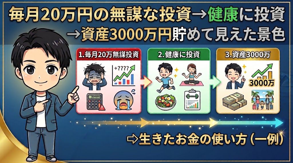 「毎月20万円の無謀な投資」から、「健康に投資」することへ切り替え、最終的に「資産3000万円」を貯めた体験談を図解したイラスト。左側に案内役の男性が立ち、3つのステップ（頭を抱える無謀投資、健康的な生活、札束と家族旅行）が並び、最後に「生きたお金の使い方（一例）」という結論が示されている。