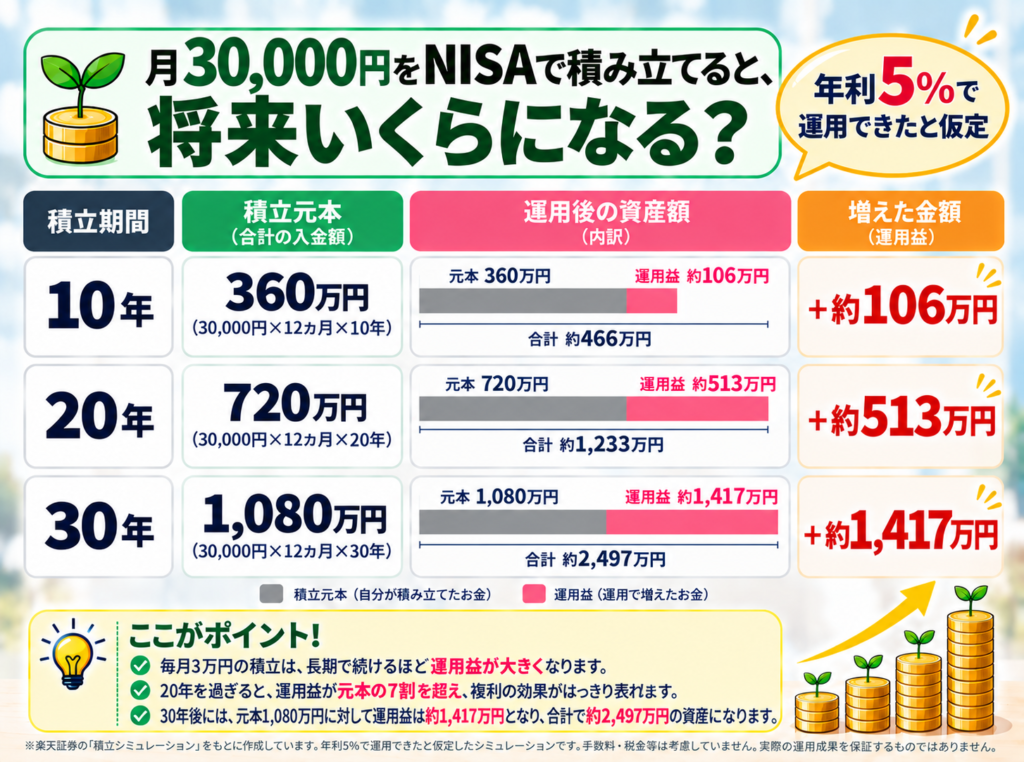 月3万円をNISAで年利5％で積み立てた場合の資産シミュレーション。10年後約466万円、20年後約1,233万円、30年後約2,497万円。