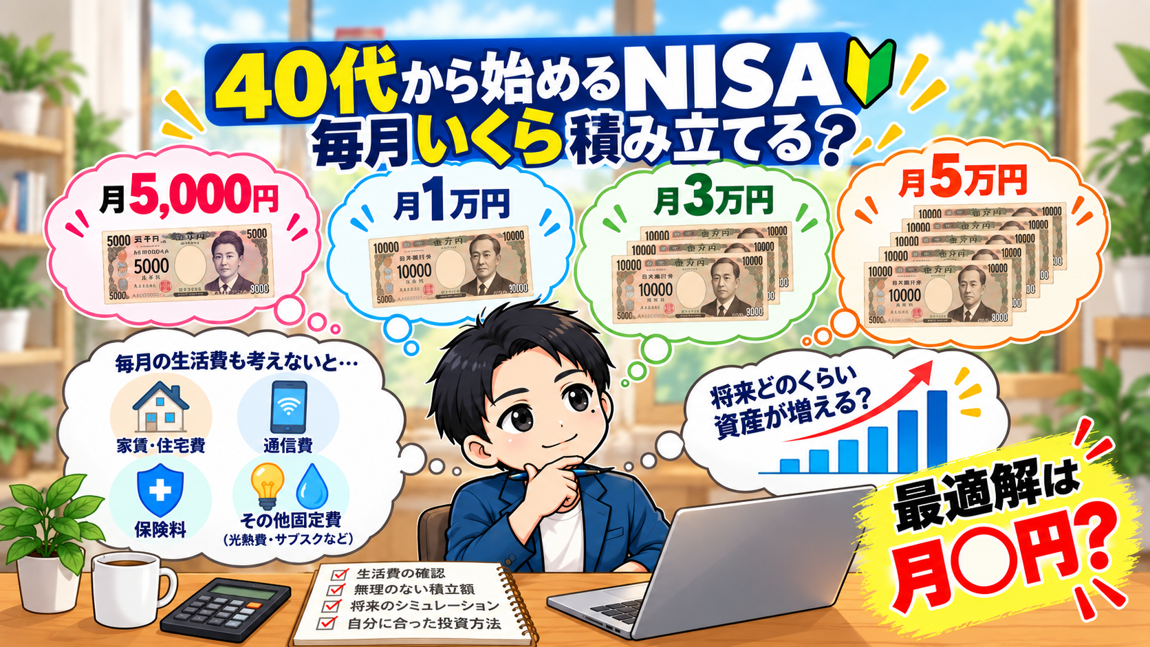 40代から始めるNISAで毎月いくら積み立てるか、月5,000円・1万円・3万円・5万円を比較するイメージ