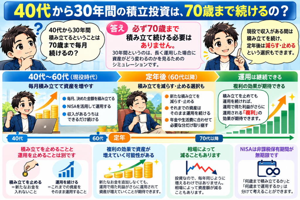 40代から30年間のNISA積立を70歳まで続ける必要はなく積立停止後も運用を継続できることを解説した図