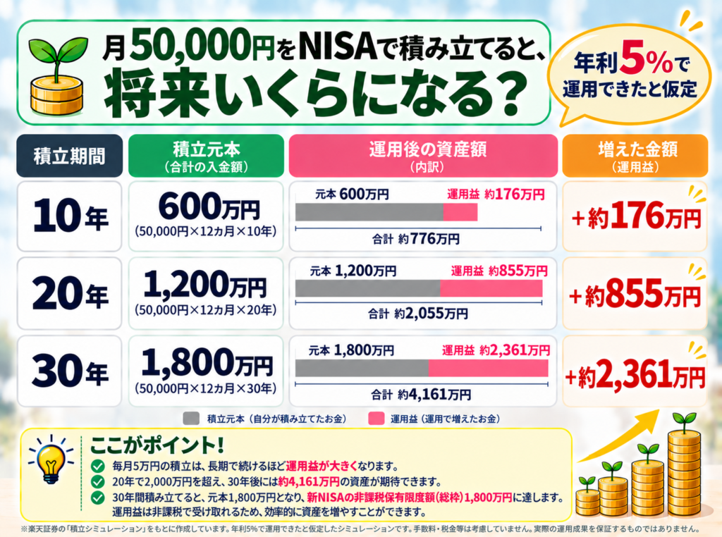 月5万円をNISAで年利5％で積み立てた場合の資産シミュレーション。10年後約776万円、20年後約2,055万円、30年後約4,161万円。