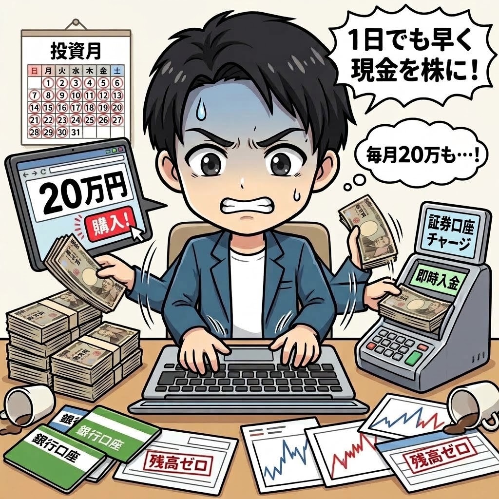 焦燥感に駆られて猛スピードで現金を投資に回す男性のイラスト。多腕になってパソコンやタブレットで「20万円購入」の操作をしつつ、証券口座へ大量の1万円札をチャージしている。吹き出しには「1日でも早く現金を株に！」「毎月20万も…！」と書かれ、手元の書類は「残高ゼロ」になっている。